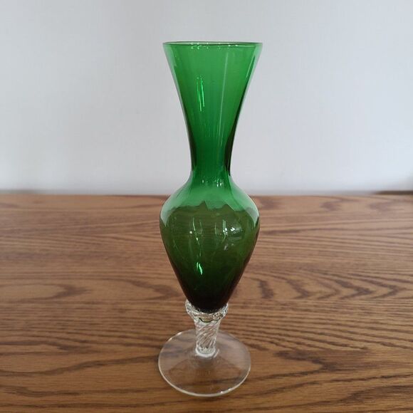 Vintage Hand Blown Glass Art Green Glass Vase With Clear Glass Twist Footed Base - Picture 5 of 12